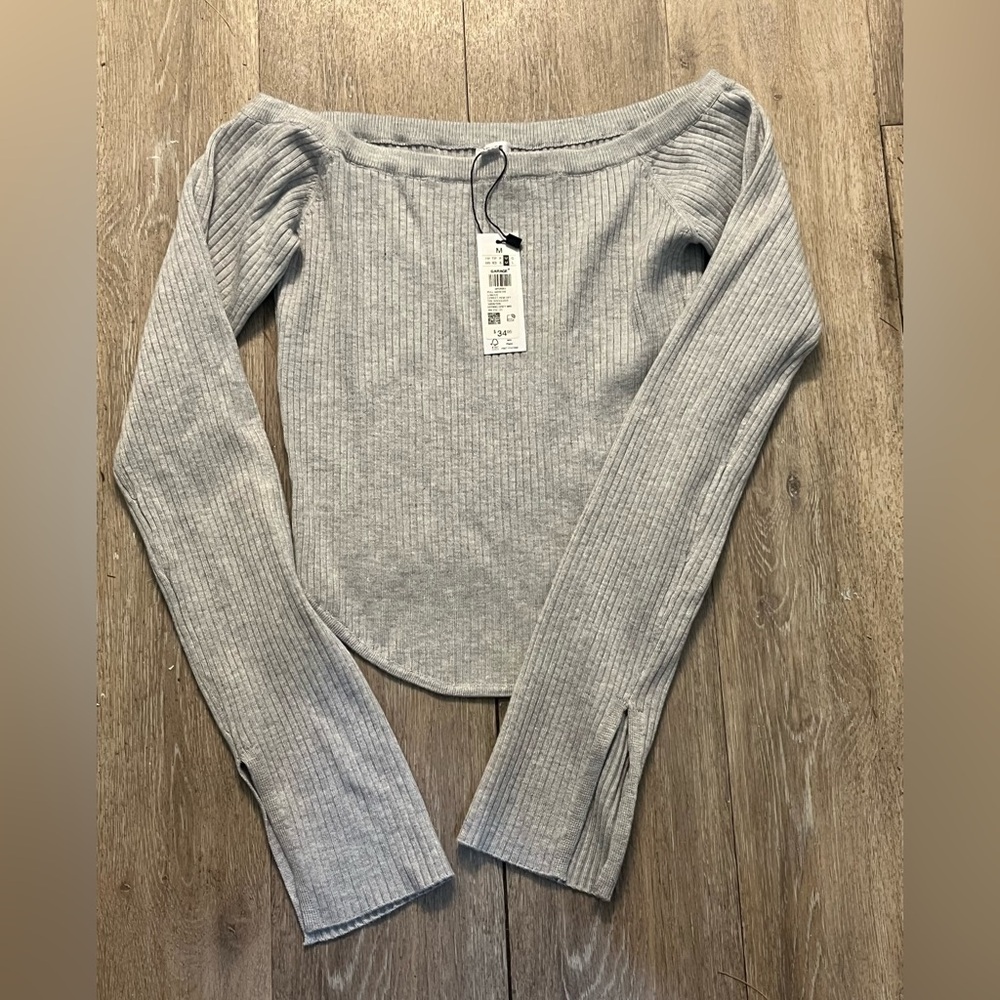 Garage Women’s Boatneck Grey Ribbed Long Sleeve Top Sz Medium NWT